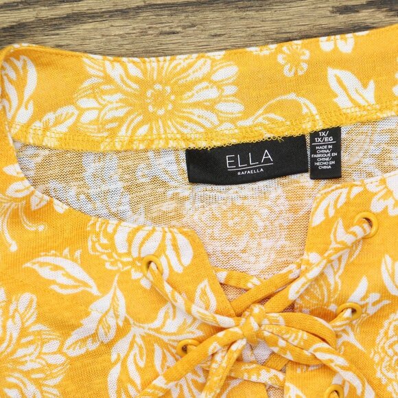 NWT ELLA Rafaella Paisley Print Lace-up Short Sleeve Tee Shirt Cadmium Yellow 1X - Picture 5 of 6